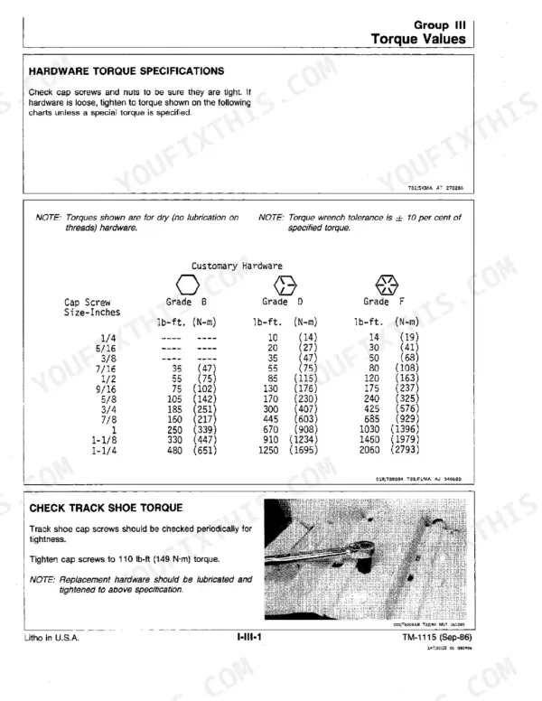 John Deere 350C, 350D, 355D torque values table for customary hardware grades B, D, F and track shoe bolt specifications.