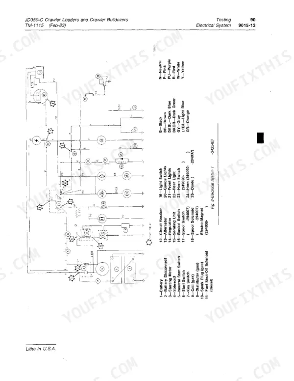 John Deere 350C, 350D, 355D electrical system wiring diagram showing battery, starter, and ignition components.