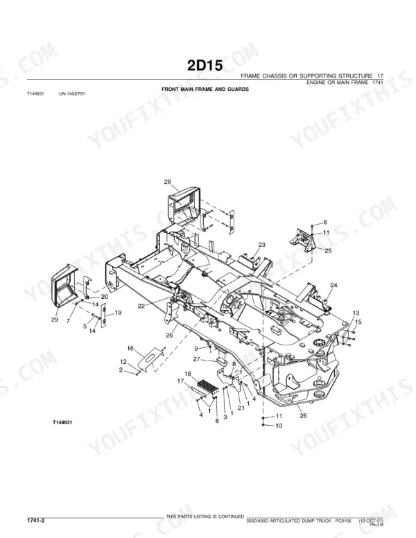 John Deere 350D, 400D exploded view diagram of the front main frame and guards, showing component parts and hardware.