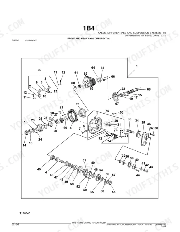 John Deere 350D, 400D exploded view diagram of front and rear axle differential components and gear assemblies.