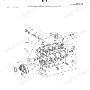 John Deere 350D, 400D exploded view of engine cylinder block, camshaft bearings, and gasket set components.