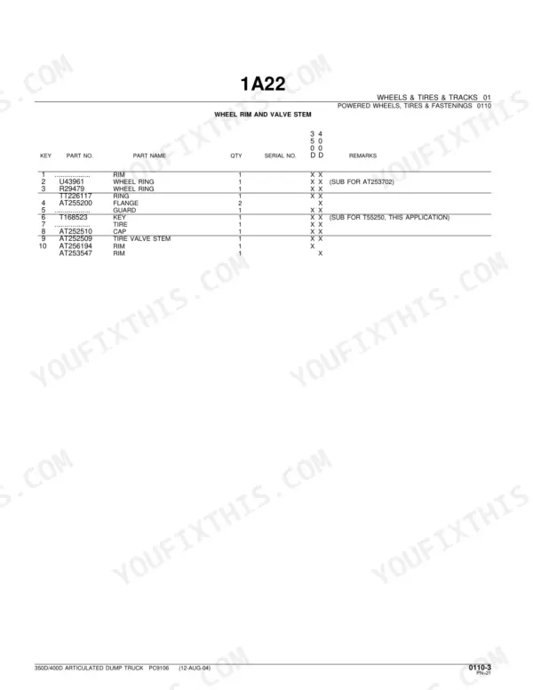 John Deere 350D, 400D parts list for wheel rim and valve stem components including part numbers and quantities.