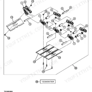 John Deere 350DLC exploded view diagram of track chain assembly showing track links, pins, bushings, and shoe bolts.