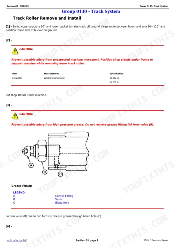 John Deere 350DLC track roller removal and install procedure, including grease fitting and valve bleed diagram.