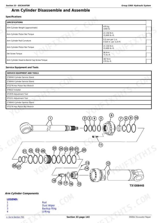 John Deere 350DLC arm cylinder disassembly specs, torque values, service tools, and exploded view component diagram.