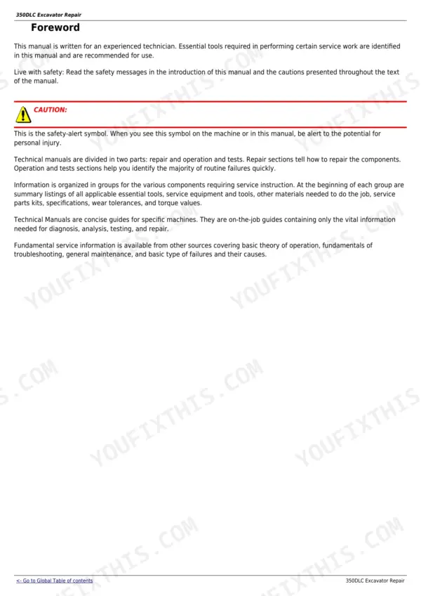 John Deere 350DLC excavator repair manual foreword page explaining safety symbols, manual organization, and repair sections.