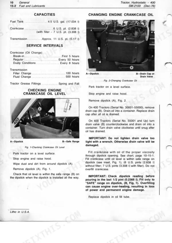 John Deere 400, 400 Hydrostatic service manual page showing oil capacities, service intervals, and engine oil change procedures.
