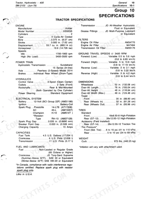 John Deere 400, 400 Hydrostatic tractor specifications table including engine, powertrain, hydraulics, electrical, and dimensions.