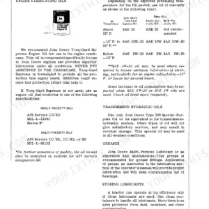 John Deere 4000, 4020 manual page showing engine oil viscosity temperature chart, lubricant specifications, and grease recommendations.