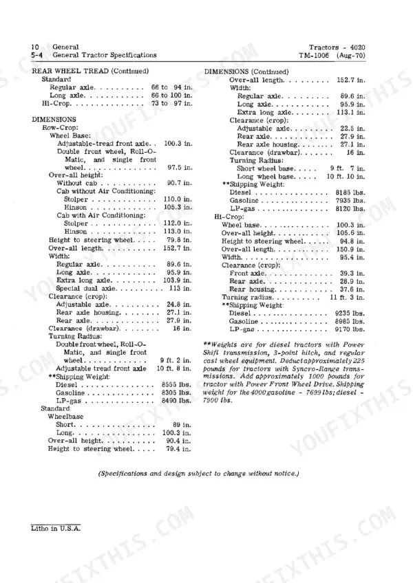 John Deere 4000, 4020 technical manual page showing general tractor specifications, dimensions, and shipping weights.