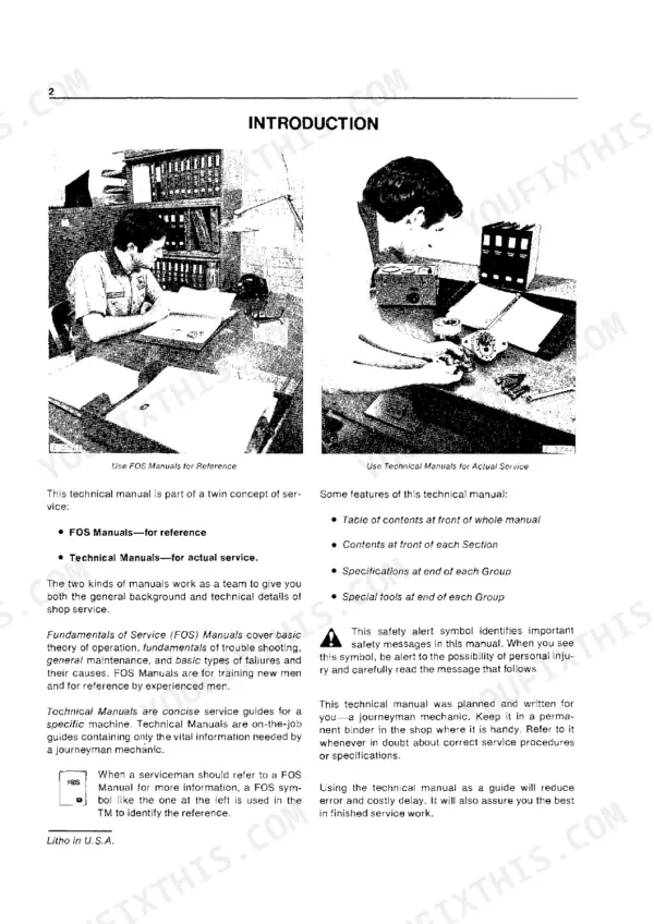 John Deere 4000, 4020 technical manual introduction page explaining FOS and technical manual service concepts.