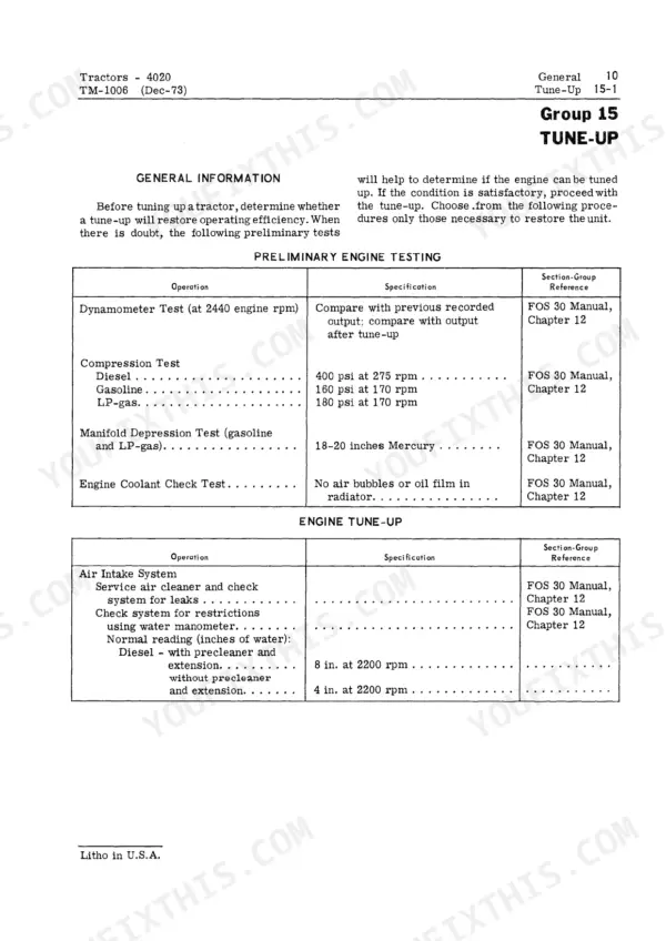 John Deere 4020 engine tune-up specifications table including compression, manifold depression, and air intake test values.