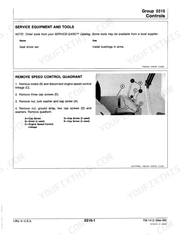 John Deere 400G, 400G Crawler Bulldozer, TM-1412, Group 0315: Remove speed control quadrant procedure and component diagram.