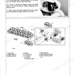 John Deere 400G: Track chain removal procedure and exploded view of track link components.