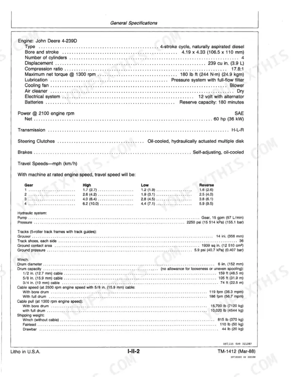 John Deere 400G: General specifications table for engine, transmission, and winch.