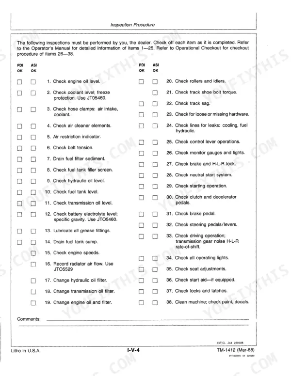 John Deere 400G, PDI and ASI inspection procedure checklist for maintenance.