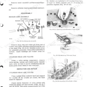 John Deere 4010, 4020, 4000 Series Tractors: Rocker arm assembly diagram and valve guide inspection/installation steps.