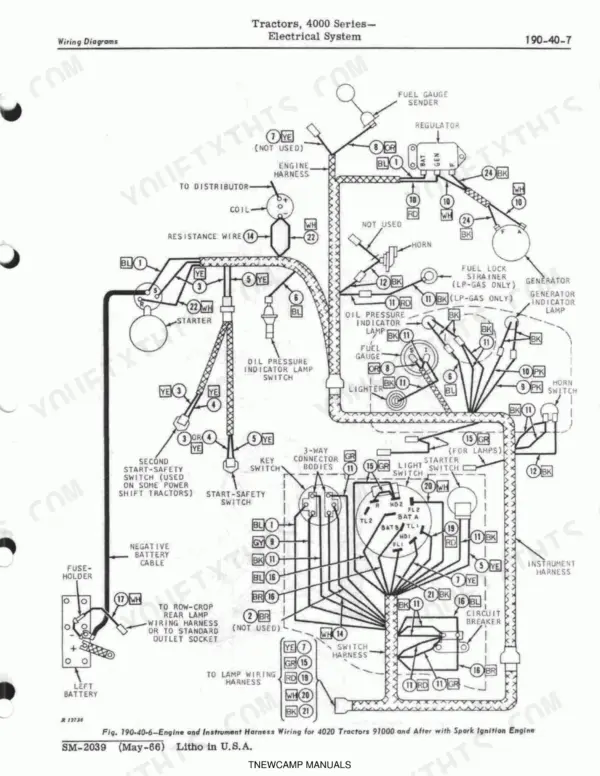 John Deere 4010, 4020, 4000 Series Tractors engine and instrument harness wiring diagram for spark ignition engines.