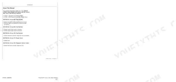 John Deere 4024, 5030, PowerTech 2.4L, PowerTech 3.0L manual introduction page listing fuel system and diagnostic updates.