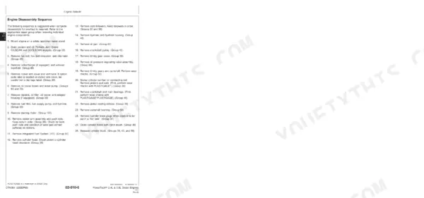 John Deere 4024, 5030, PowerTech 2.4L, PowerTech 3.0L engine disassembly sequence and overhaul procedure steps.
