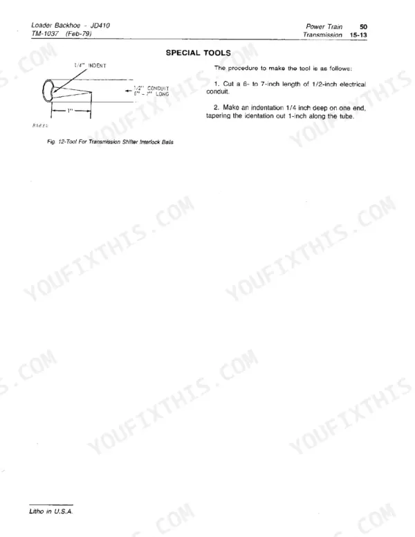 John Deere 410 manual page showing fabrication procedure for a special tool to install transmission shifter interlock balls.