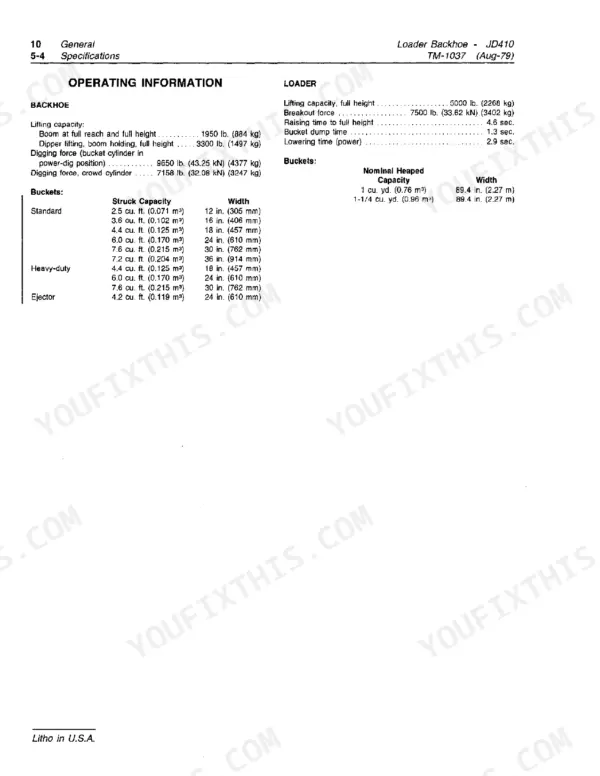 John Deere 410 technical manual specifications table for backhoe and loader operating capacity, bucket sizes, and cycle times.