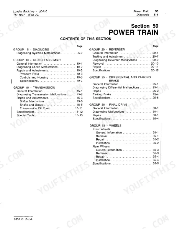 John Deere 410 Power Train section table of contents listing clutch, transmission, reverser, differential, and wheels.