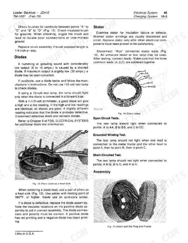 John Deere 410 manual page showing diode testing, stator lead inspection, and soldering procedures for charging system.