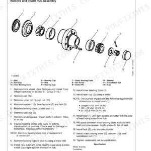 John Deere 410E exploded view of non-powered wheel axle hub assembly, including removal and installation procedures.