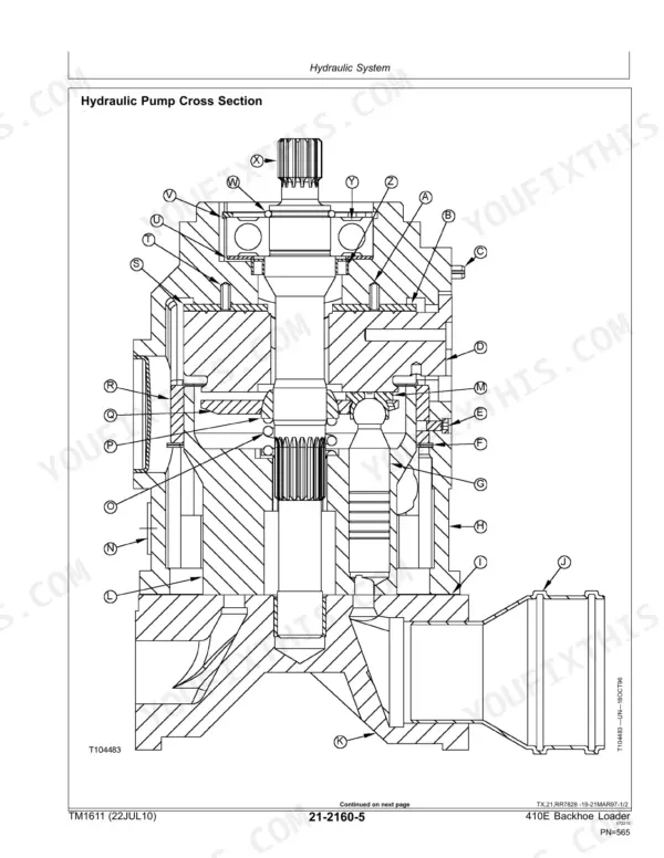 John Deere 410E hydraulic pump cross section diagram showing internal components labeled with letters A through Z.