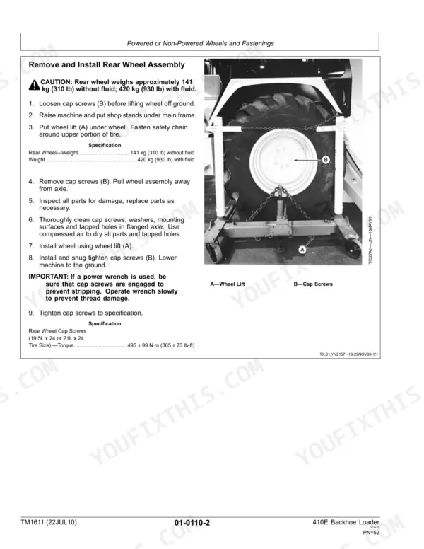 John Deere 410E rear wheel assembly removal and installation procedure with torque specifications and lift diagram.