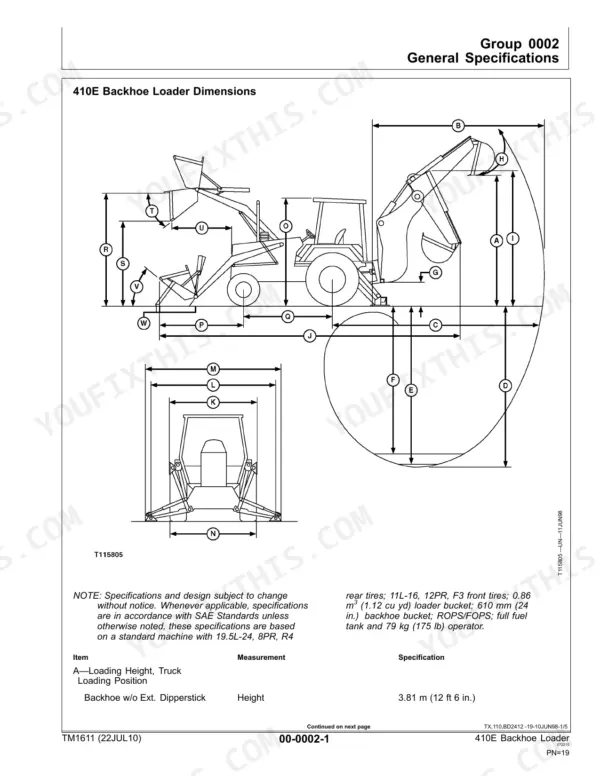 John Deere 410E backhoe loader dimensions diagram showing side and rear views with measurement reference points.