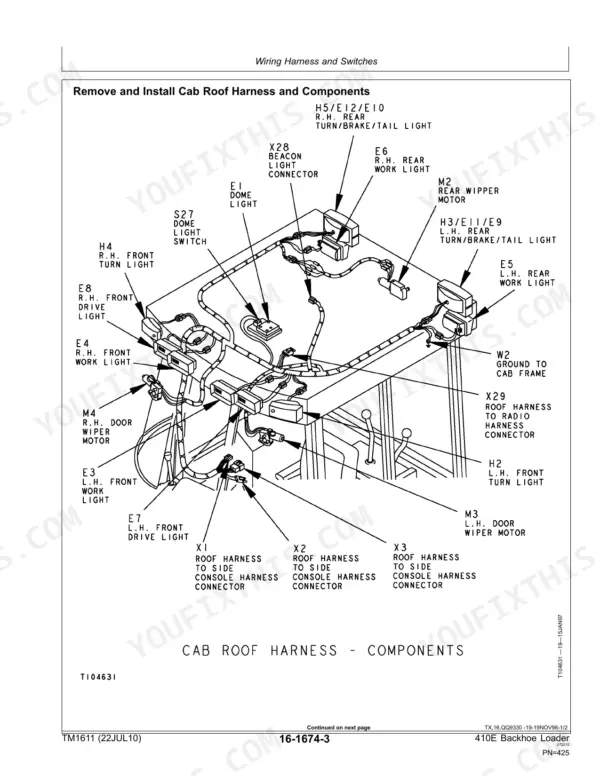 John Deere 410E wiring diagram for cab roof harness, showing lights, wiper motors, and console connectors.