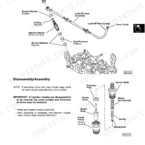 John Deere 415, 455 diesel engine repair manual showing exploded view of injection nozzle assembly and leak-off hose.
