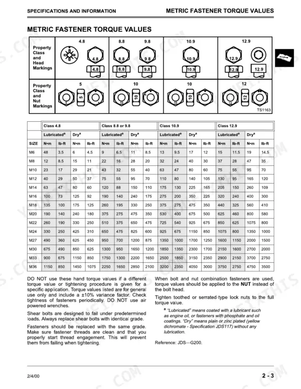 John Deere 415, 455 metric fastener torque values table for bolt classes 4.8, 8.8, 9.8, 10.9, and 12.9.