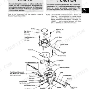 John Deere 425, 445, 455 FD620D engine carburetor exploded view diagram with torque specifications and component labels.