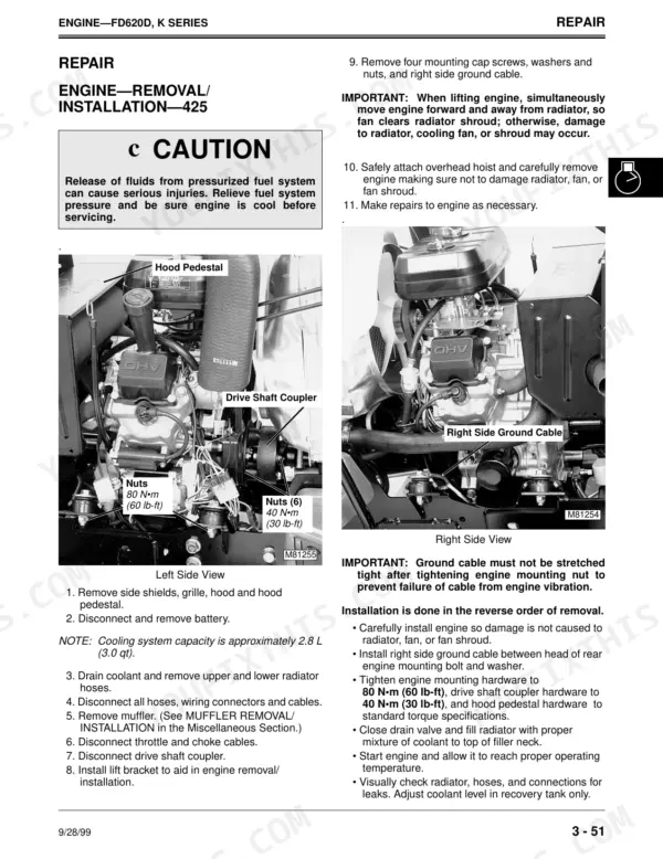 John Deere 425, 445, 455 engine removal and installation procedure with left and right side component photos.