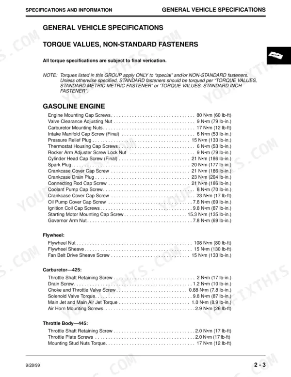 John Deere 425, 445, 455 non-standard fastener torque specifications table for gasoline engine, flywheel, carburetor, and throttle body.