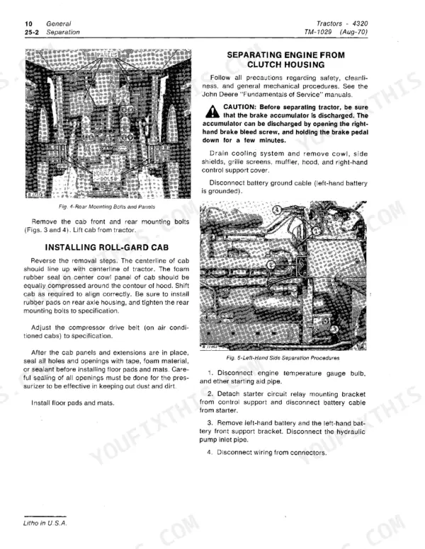 John Deere 4320, 4320 Tractor manual page for separating engine from clutch housing and installing Roll-Gard cab.