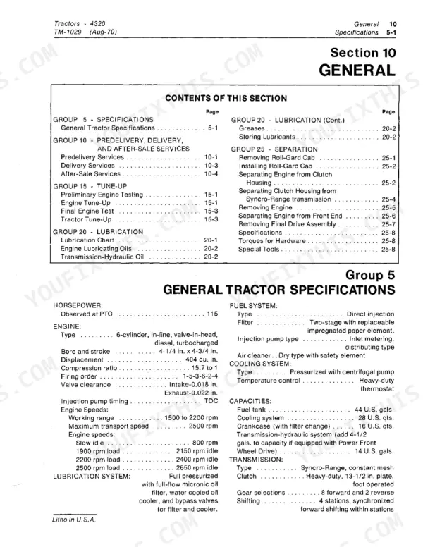 John Deere 4320, 4320 Tractor technical manual section 10 table of contents and general tractor specifications page.
