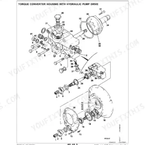 John Deere 4400, 4500 Telescopic Handlers exploded view of torque converter housing with hydraulic pump drive components.