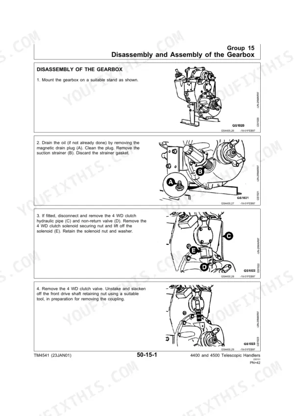 John Deere 4400, 4500 Telescopic Handlers gearbox disassembly procedures, including drain plug and 4WD clutch valve removal.