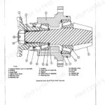 John Deere 444D, 544D, 644D exploded view of the differential input quill and spiral bevel pinion shaft assembly.