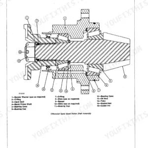 John Deere 444D, 544D, 644D exploded view of the differential input quill and spiral bevel pinion shaft assembly.