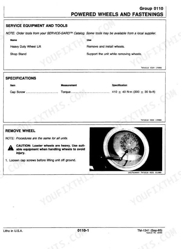 John Deere 444D, 544D, 644D powered wheel removal procedure, torque specifications for cap screws, and service tool list.
