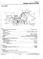 John Deere 444D, 544D, 644D loader dimensional diagram and general engine, electrical, and axle specifications table.