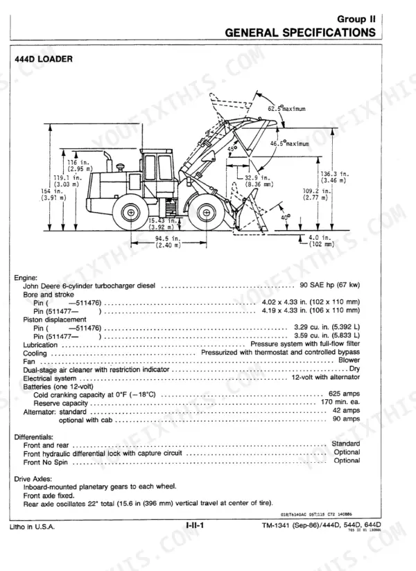 John Deere 444D, 544D, 644D loader dimensional diagram and general engine, electrical, and axle specifications table.