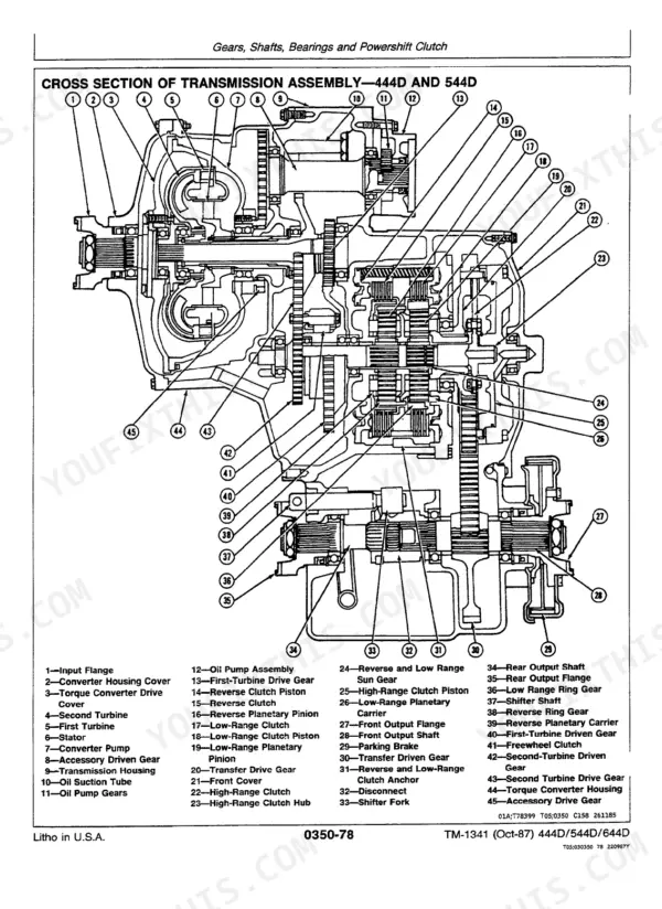 John Deere 444D, 544D, 644D transmission assembly cross-section diagram with numbered parts list for gears and clutches.