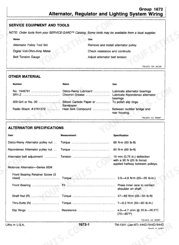 John Deere 444D, 544D, 644D alternator service tools, materials, and torque specifications table for Delco-Remy and Motorola units.