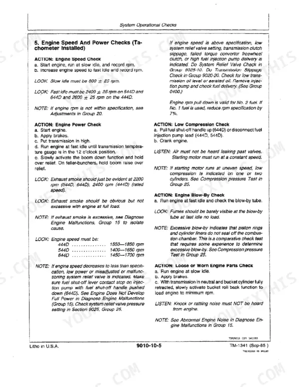 John Deere 444D, 544D, 644D engine speed, power, compression, and blow-by operational check procedures.